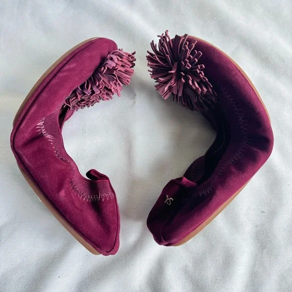 YS YOSI SAMRA Samara Suede Pom Foldable Ballet Flats Size 8 Rosewood NIB - Picture 6 of 10